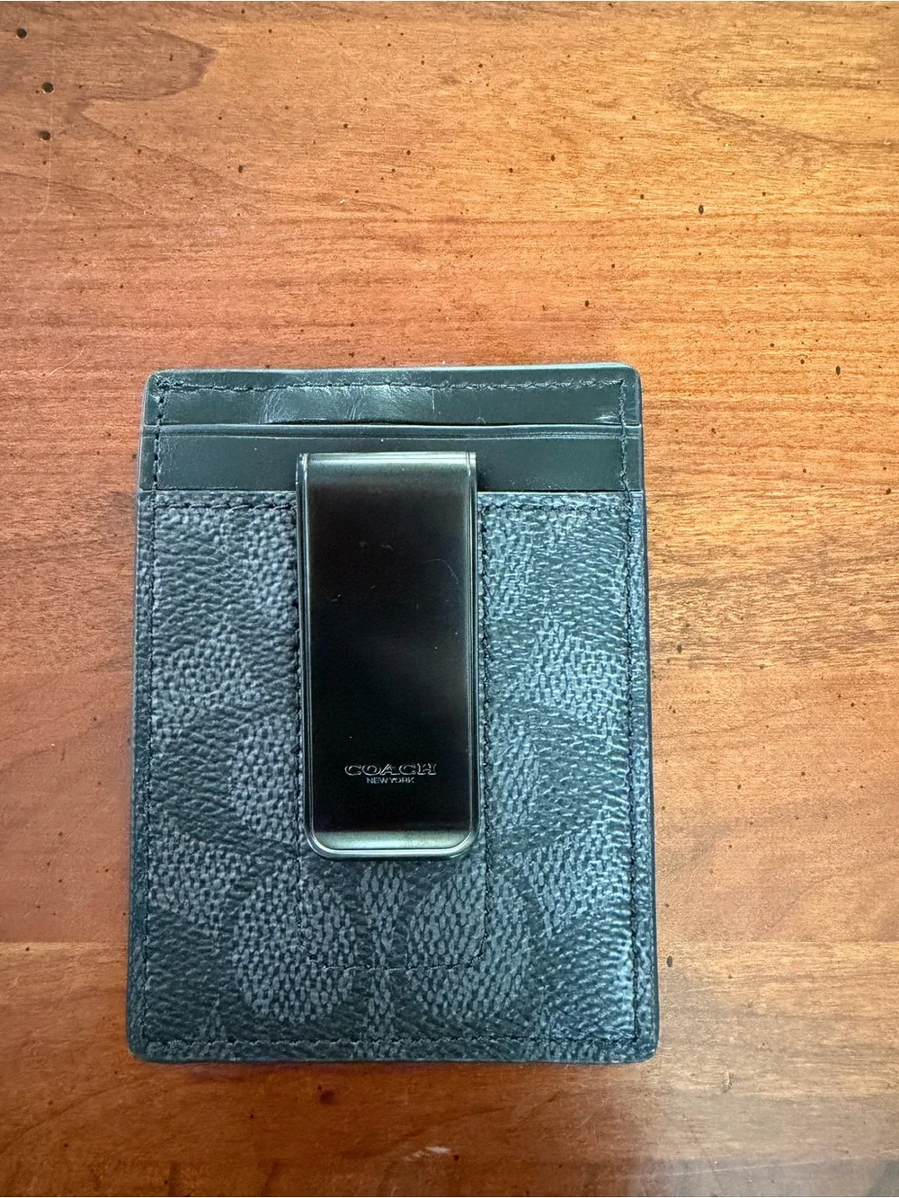 Coach Black Signature Pattern Leather Card Holder Wallet with Money Clip